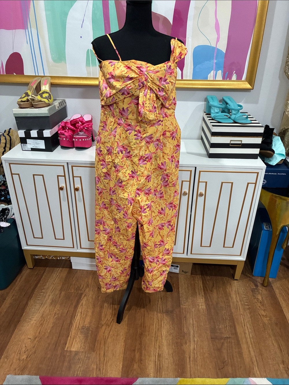 FARM Rio Yellow Floral Tie-Front Jumpsuit with Pink Floral Print